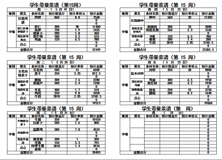 2024-2025学年度第二学期第十五周带量菜单